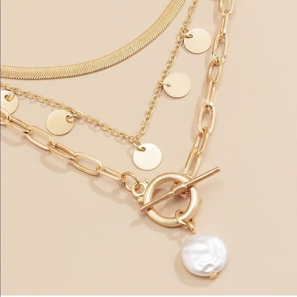 Gold Multi Layered Dainty Necklace Multi Chain Disc Necklace - Picture 2 of 8